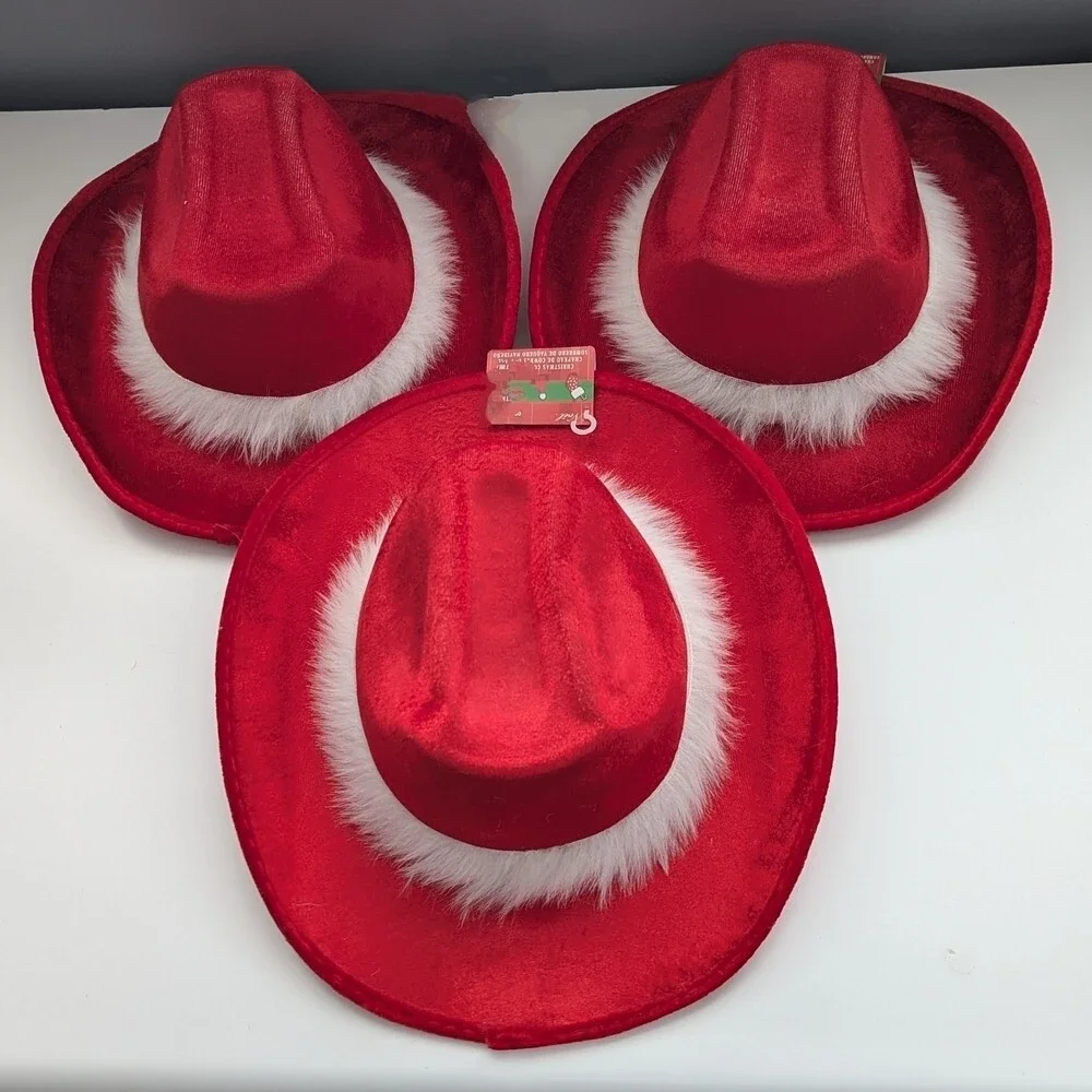 NWT Red Cowboy Hat with White Faux-Fur Trim